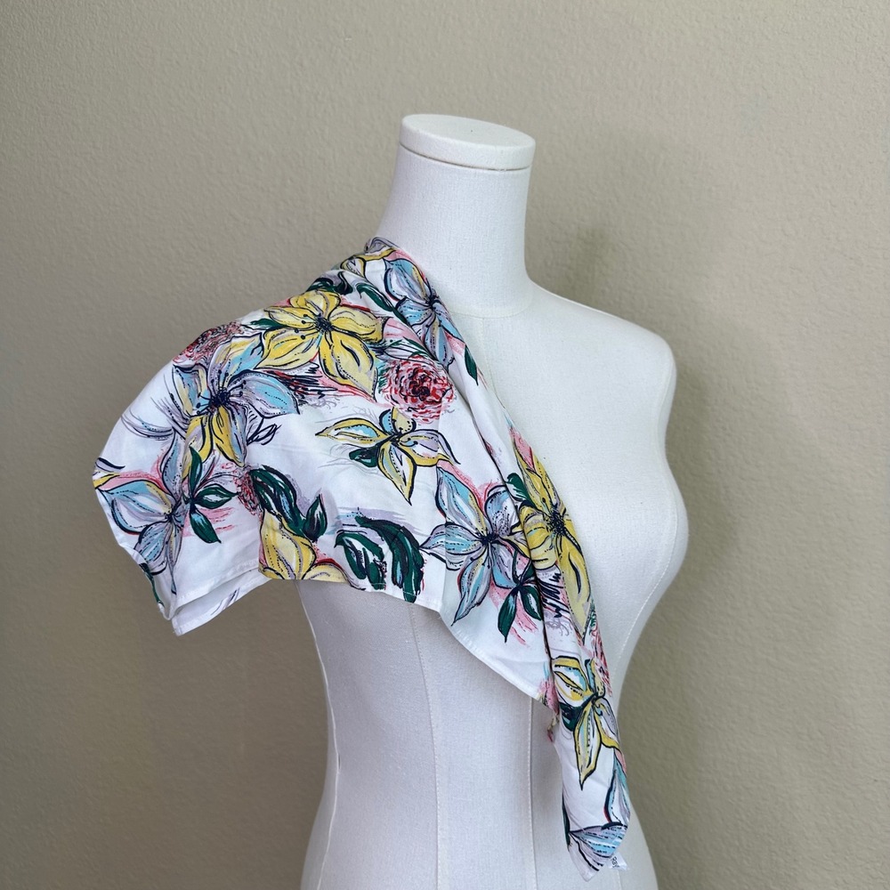 Faherty Brand Floral Print Square Scarf White Yellow Blue 100% Rayon Neckerchief